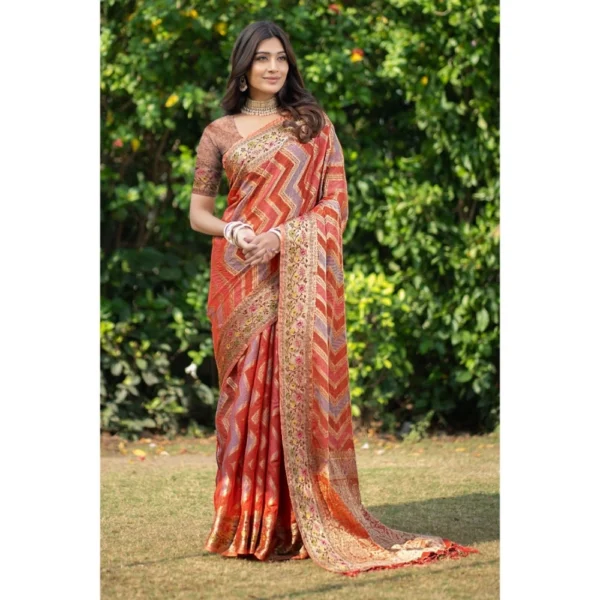 ?Women's Organza Printed Saree With Unstitched Blouse (Orange, 5-6 Mtrs)
