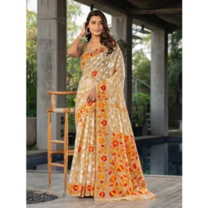 ?Women's Cotton Printed Saree With Unstitched Blouse (Beige, 5-6 Mtrs)