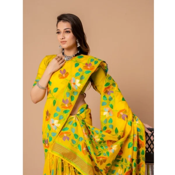 ?Women's Cotton Printed Saree With Unstitched Blouse (Yellow, 5-6 Mtrs) - Image 5