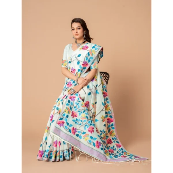 ?Women's Cotton Printed Saree With Unstitched Blouse (White, 5-6 Mtrs) - Image 2