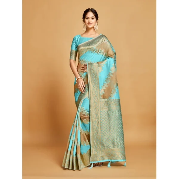 ?Women's Linen Printed Saree With Unstitched Blouse (Sky Blue, 5-6 Mtrs) - Image 2