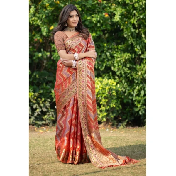 ?Women's Organza Printed Saree With Unstitched Blouse (Orange, 5-6 Mtrs) - Image 2