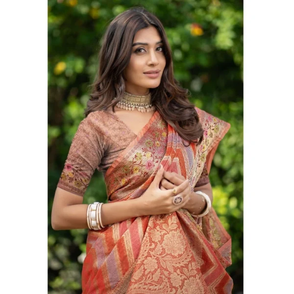 ?Women's Organza Printed Saree With Unstitched Blouse (Orange, 5-6 Mtrs) - Image 4