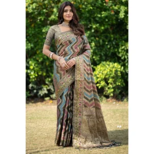 ?Women's Organza Printed Saree With Unstitched Blouse (Grey, 5-6 Mtrs)