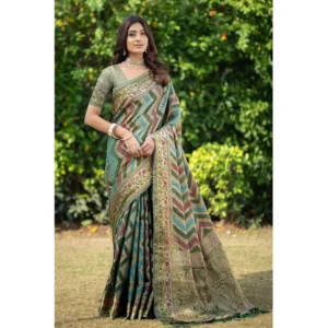 ?Women's Organza Printed Saree With Unstitched Blouse (Green, 5-6 Mtrs)