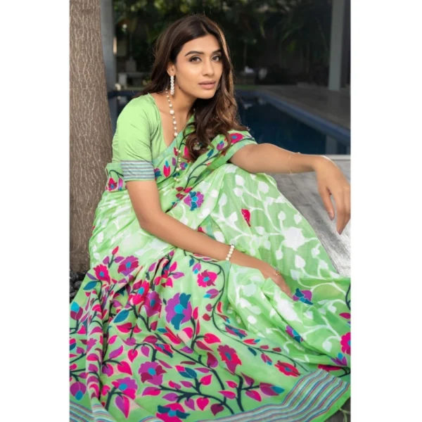 ?Women's Cotton Printed Saree With Unstitched Blouse (Green, 5-6 Mtrs) - Image 4