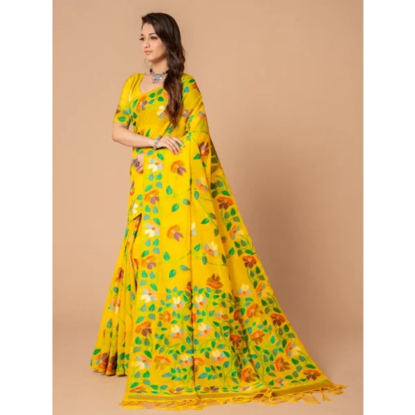 ?Women's Cotton Printed Saree With Unstitched Blouse (Yellow, 5-6 Mtrs) - Image 2