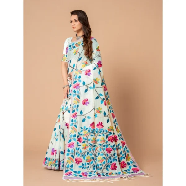 ?Women's Cotton Printed Saree With Unstitched Blouse (White, 5-6 Mtrs) - Image 4