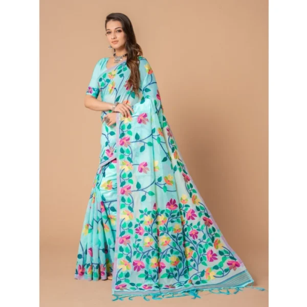 ?Women's Cotton Printed Saree With Unstitched Blouse (Sky Blue, 5-6 Mtrs) - Image 3