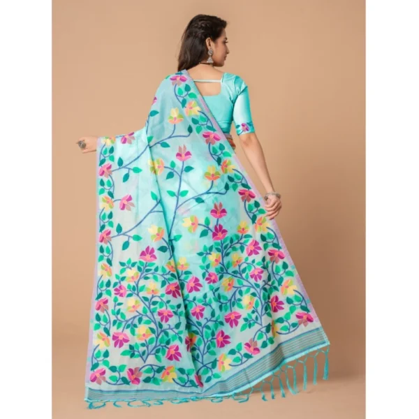 ?Women's Cotton Printed Saree With Unstitched Blouse (Sky Blue, 5-6 Mtrs) - Image 4