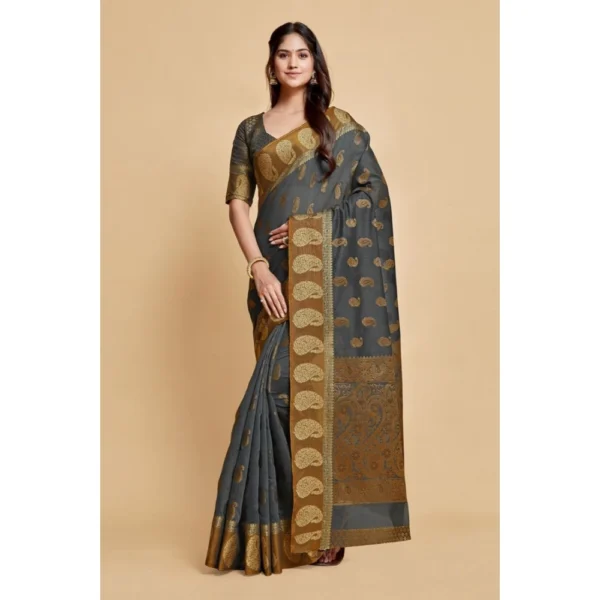 ?Women's Chanderi Cotton Printed Saree With Unstitched Blouse (Grey, 5-6 Mtrs) - Image 2