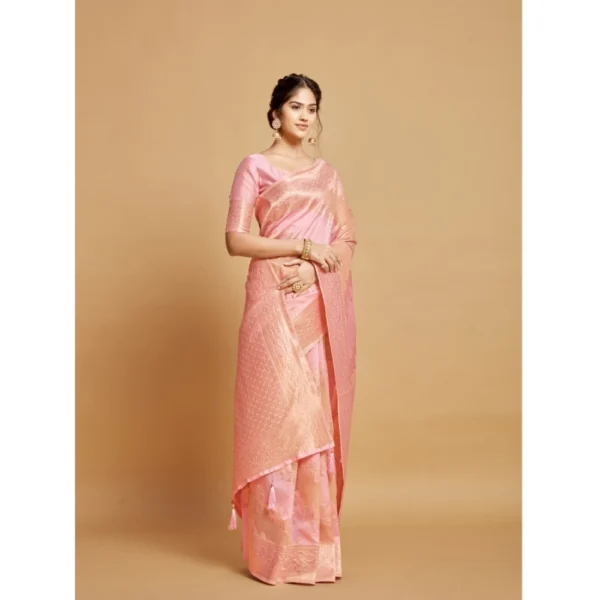 ?Women's Linen Printed Saree With Unstitched Blouse (Pink, 5-6 Mtrs) - Image 5