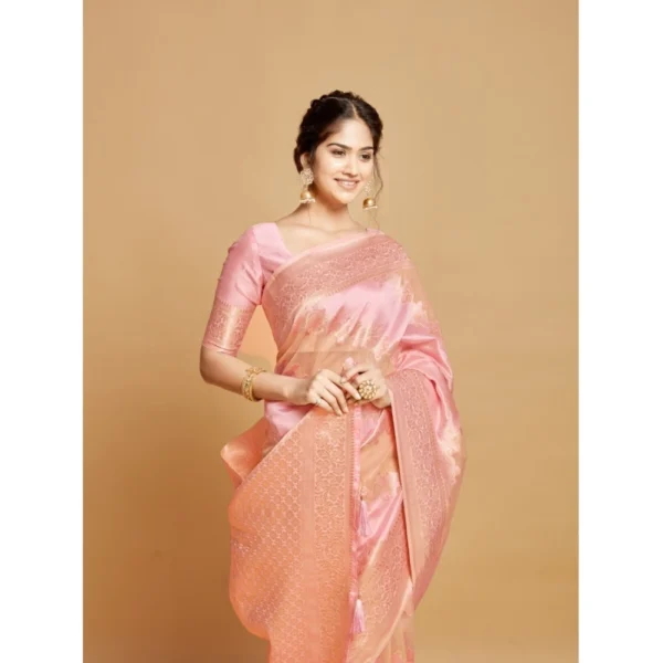 ?Women's Linen Printed Saree With Unstitched Blouse (Pink, 5-6 Mtrs) - Image 4