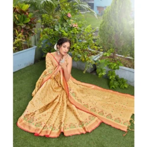 ?Women's Organza Printed Saree With Unstitched Blouse (Beige, 5-6 Mtrs)