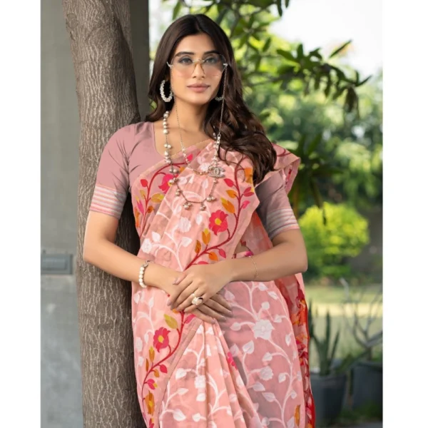 ?Women's Cotton Printed Saree With Unstitched Blouse (Peach, 5-6 Mtrs) - Image 4