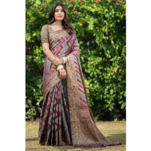 ?Women's Organza Printed Saree With Unstitched Blouse (Wine, 5-6 Mtrs)