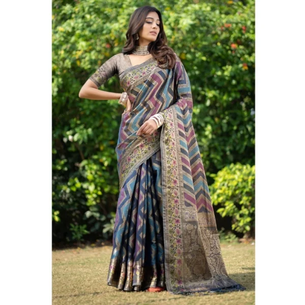 ?Women's Organza Printed Saree With Unstitched Blouse (Teal, 5-6 Mtrs)