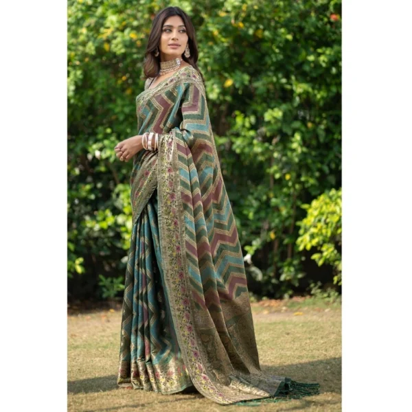 ?Women's Organza Printed Saree With Unstitched Blouse (Green, 5-6 Mtrs) - Image 3