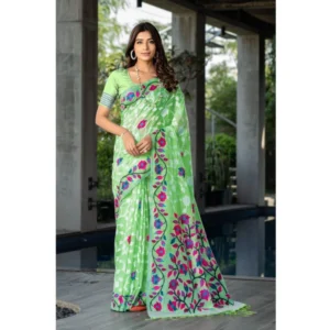 ?Women's Cotton Printed Saree With Unstitched Blouse (Green, 5-6 Mtrs)