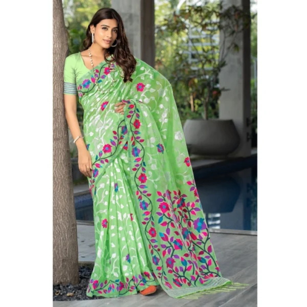 ?Women's Cotton Printed Saree With Unstitched Blouse (Green, 5-6 Mtrs) - Image 2