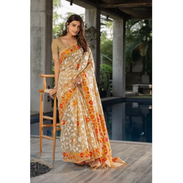 ?Women's Cotton Printed Saree With Unstitched Blouse (Beige, 5-6 Mtrs) - Image 2