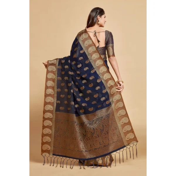 ?Women's Chanderi Cotton Printed Saree With Unstitched Blouse (Navy Blue, 5-6 Mtrs) - Image 4