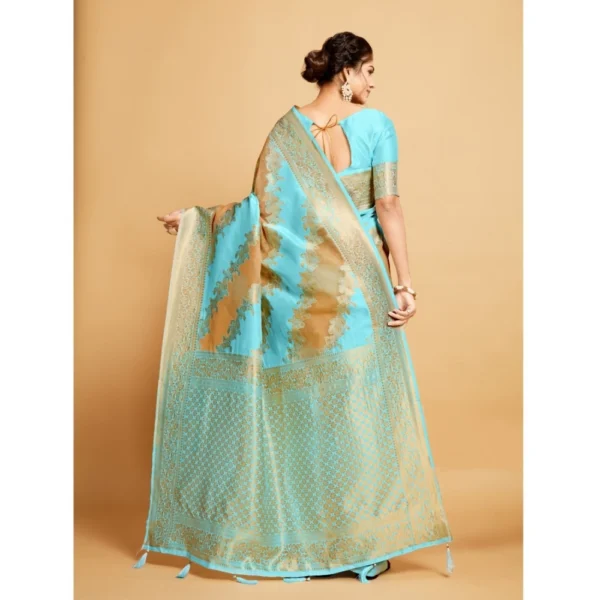 ?Women's Linen Printed Saree With Unstitched Blouse (Sky Blue, 5-6 Mtrs) - Image 3