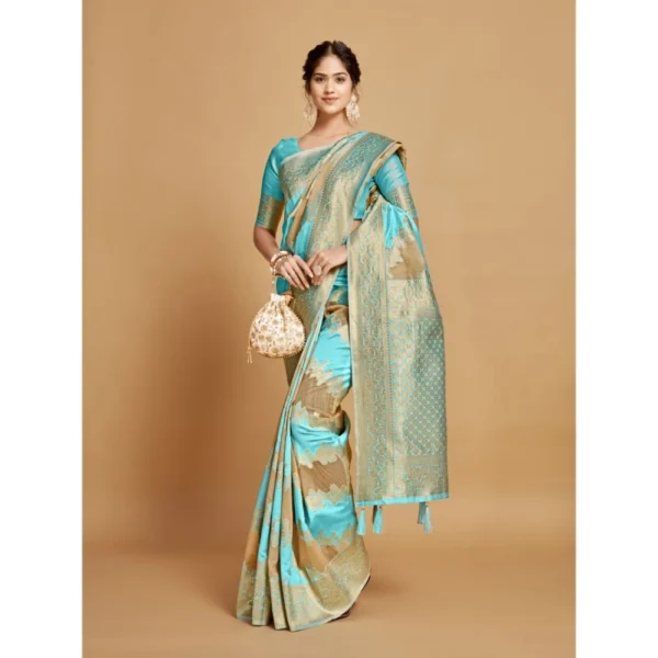 ?Women's Linen Printed Saree With Unstitched Blouse (Sky Blue, 5-6 Mtrs) - Image 4