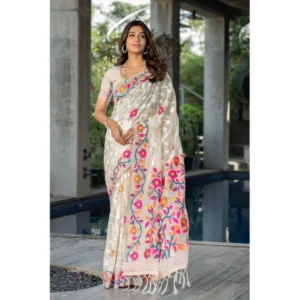 ?Women's Cotton Printed Saree With Unstitched Blouse (Off-White, 5-6 Mtrs)