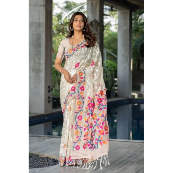?Women's Cotton Printed Saree With Unstitched Blouse (Off-White, 5-6 Mtrs)