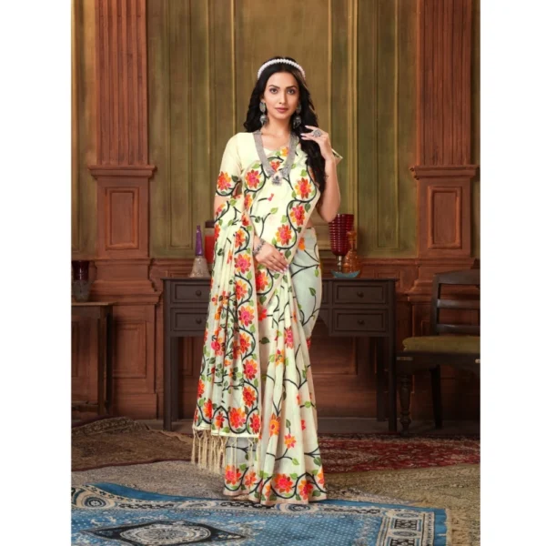 ?Women's Organza Printed Saree With Unstitched Blouse (White, 5-6 Mtrs) - Image 4