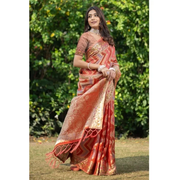 ?Women's Organza Printed Saree With Unstitched Blouse (Orange, 5-6 Mtrs) - Image 3