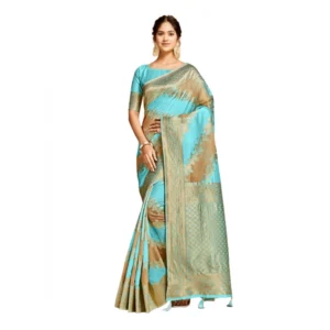 ?Women's Linen Printed Saree With Unstitched Blouse (Sky Blue, 5-6 Mtrs)
