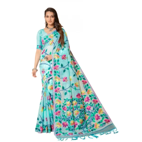 ?Women's Cotton Printed Saree With Unstitched Blouse (Sky Blue, 5-6 Mtrs)