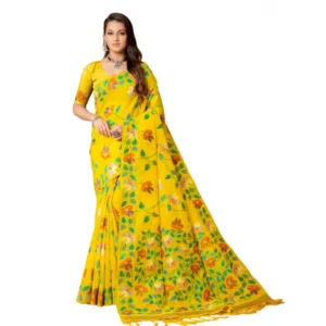 ?Women's Cotton Printed Saree With Unstitched Blouse (Yellow, 5-6 Mtrs)