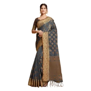 ?Women's Chanderi Cotton Printed Saree With Unstitched Blouse (Grey, 5-6 Mtrs)