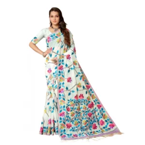 ?Women's Cotton Printed Saree With Unstitched Blouse (White, 5-6 Mtrs)