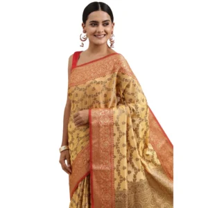 ?Women's Chanderi Cotton Printed Saree With Unstitched Blouse (Yellow, 5-6 Mtrs)
