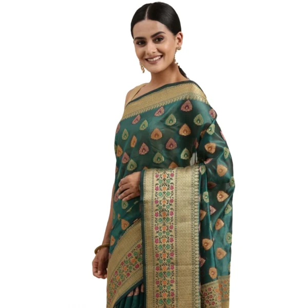 ?Women's Organza Printed Saree With Unstitched Blouse (Sea Green, 5-6 Mtrs)