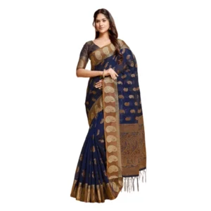 ?Women's Chanderi Cotton Printed Saree With Unstitched Blouse (Navy Blue, 5-6 Mtrs)