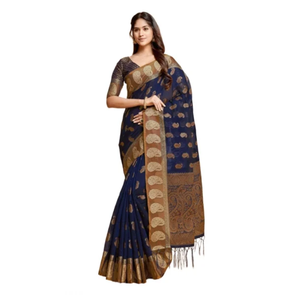 ?Women's Chanderi Cotton Printed Saree With Unstitched Blouse (Navy Blue, 5-6 Mtrs)
