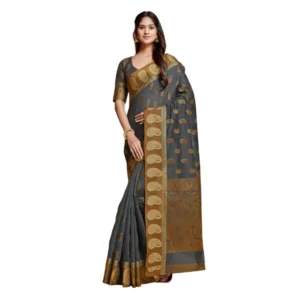 ?Women's Chanderi Cotton Printed Saree With Unstitched Blouse (Grey, 5-6 Mtrs)