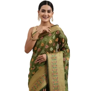 ?Women's Organza Printed Saree With Unstitched Blouse (Mahendi, 5-6 Mtrs)