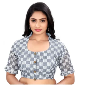 Women's Cotton Blend Checks Readymade Blouse (Grey, Size: Free Size)