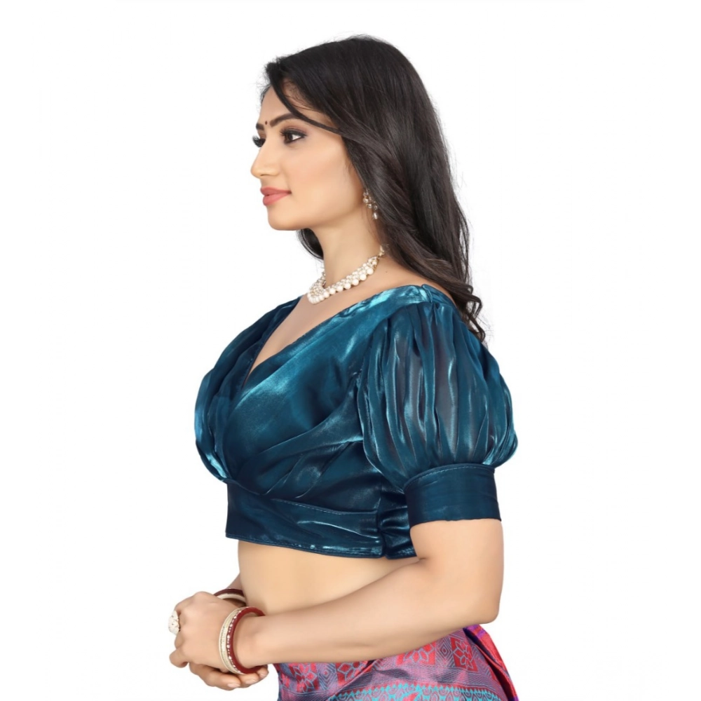 Women's Organza Plain Readymade Blouse (Teal, Size: Free Size) - Image 3