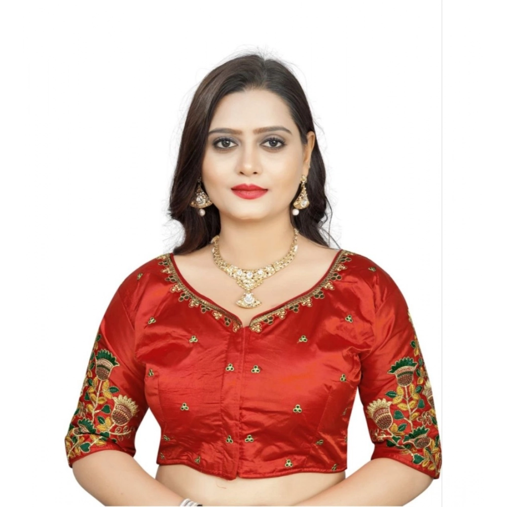 Women's Malai Silk Floral Readymade Blouse (Red, Size: Free Size)