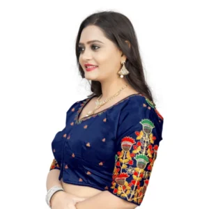 Alternative view of Women's Malai Silk Floral Readymade Blouse (Navy Blue, Size: Free Size)