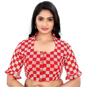 Women's Cotton Blend Checks Readymade Blouse (Red, Size: Free Size)