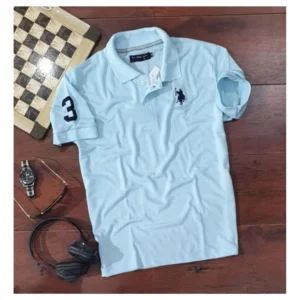 Men Casual Half sleeve Solid Cotton Polo Neck T-shirt (Sky Blue)