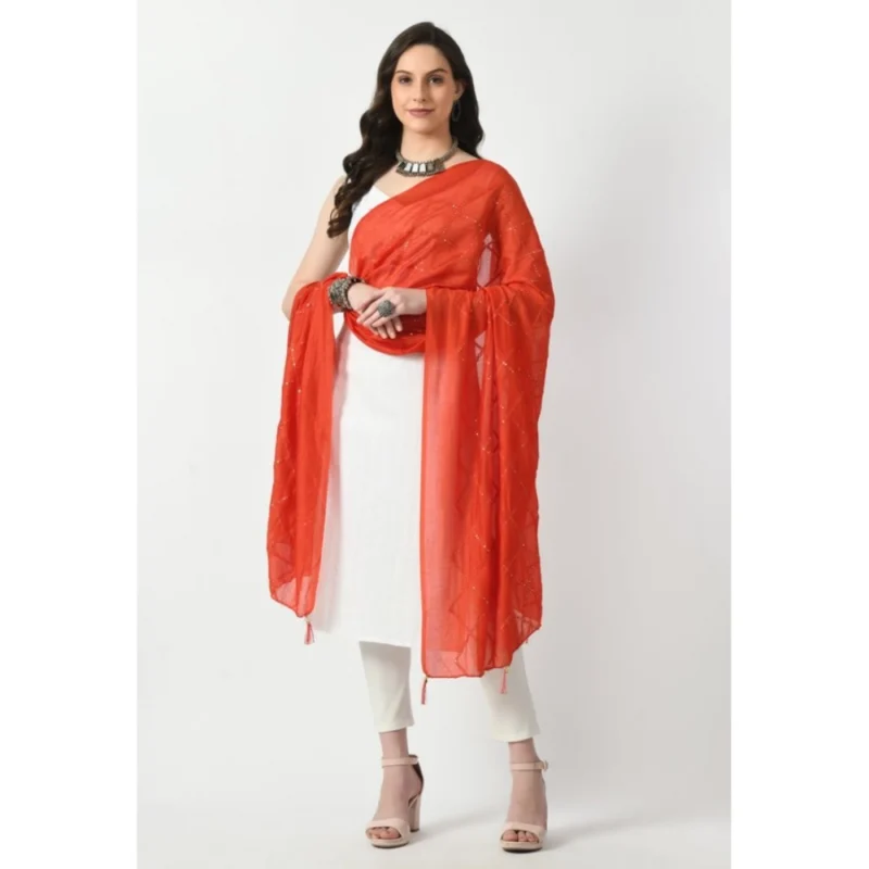 Women's Chanderi Self Design Dupatta (Orange, Length: Free Size) - Image 4